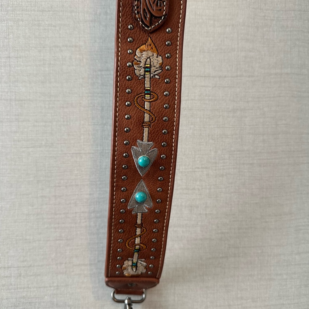 Brown Leather Embroidered purse strap
